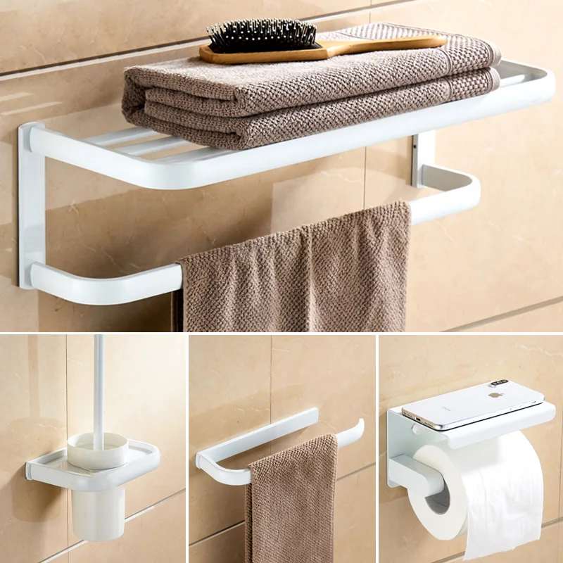 Bathroom Accessories Set White Finish Brass Square Robe hook Paper Holder Towel Bar Soap basket Towel Rack bathroom Hardware set