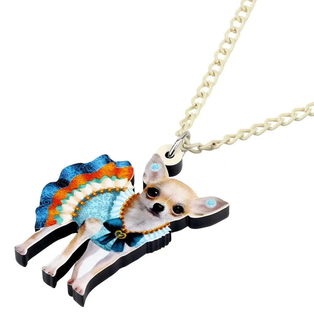 Bonsny Acrylic Cute Blue Skirt Chihuahua Dog Pendant Necklace Chain Choker Unique Pet Jewelry For Women Girl Charms Gift