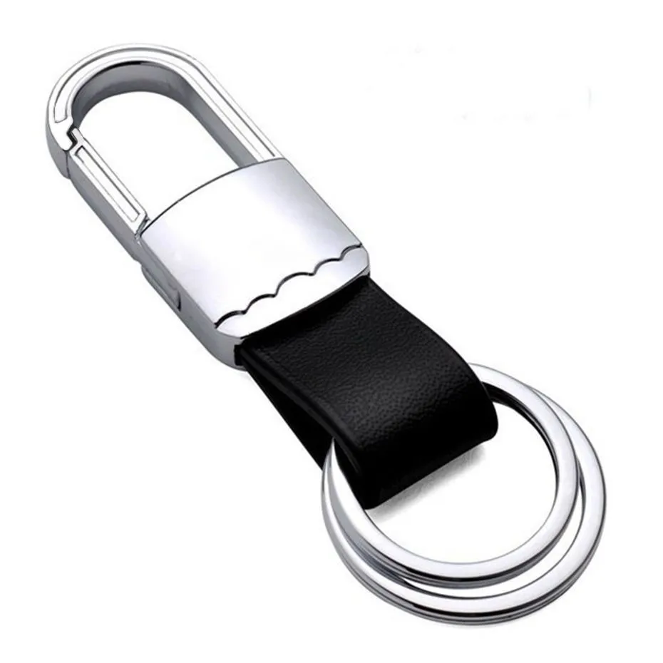 Men's Creative Waist Hanging Car Metal Keychain Classic Black Brown Leather Double Rings Key Buckle Silver Plated Keyring