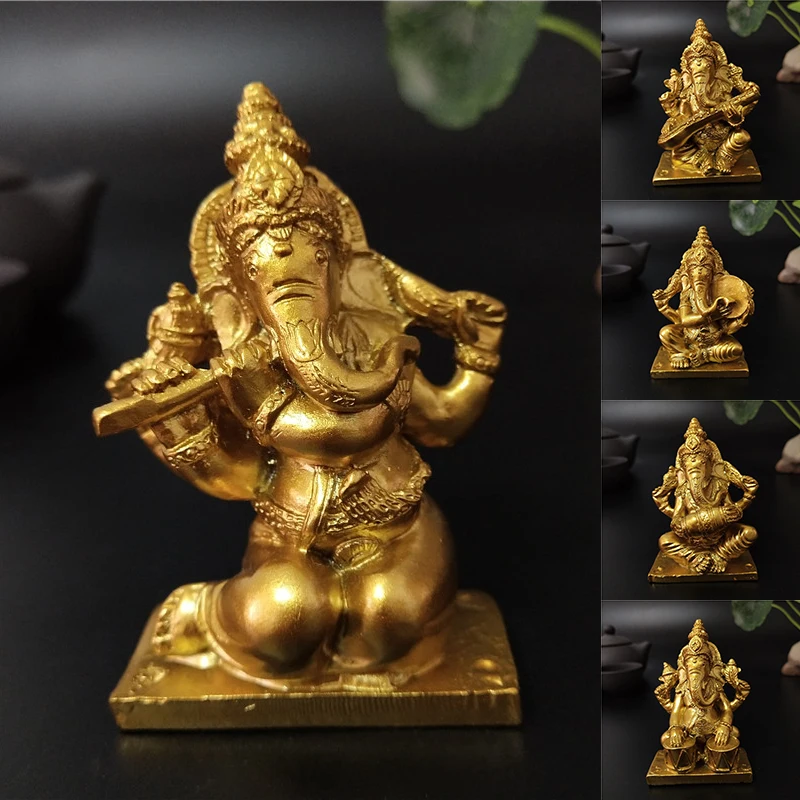 Golden Lord Ganesha Buddha Statue Playing Music Elephant God Sculpture Ganesh Figurines Ornaments Home Garden Decoration Buddha