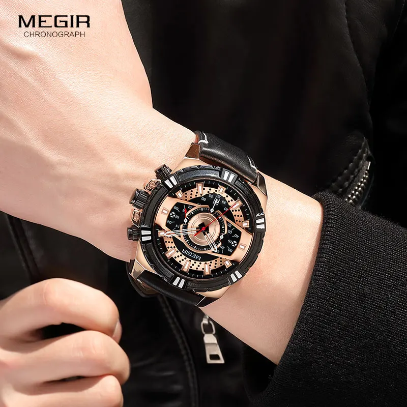 MEGIR Men\'s Quartz Watches 2019 New Luxury Top Brand Chronograph Military Sport Leather Wristwatch Man Relogios Clock 2118 Rose