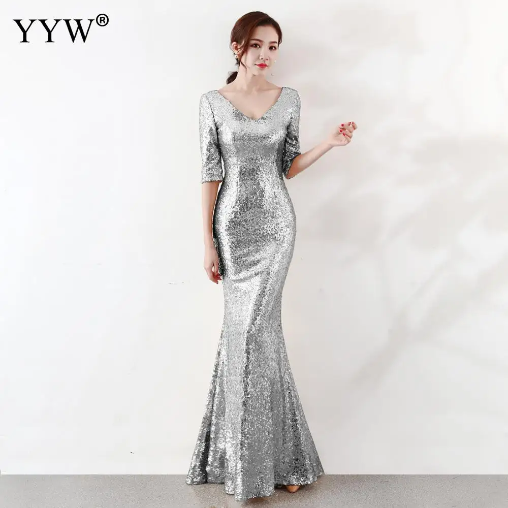 Luxury Gold Sliver Sequined Long Party Dress Women V Neck Backless Mermaid Evening Dress Half Sleeve Bodycon Sexy Nightclub Wear