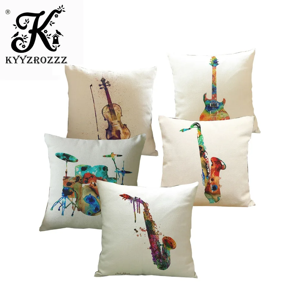 Drum Guitar Sax Throw Cushion Covers Watercolor Music Instrument Decorative Pillow Cover for Sofa Car Chair coussin decoration