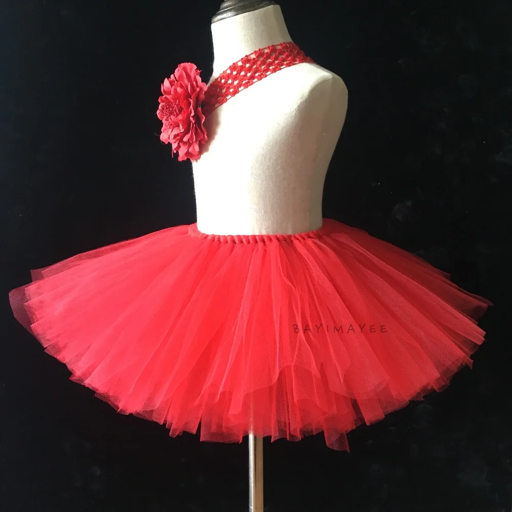 Hot Retail Girls Red Tutu Skirts Baby Handmade Fluffy Tulle Ballet Pettiskirt Dance Tutus with Flower Headband Kids Summer Skirt