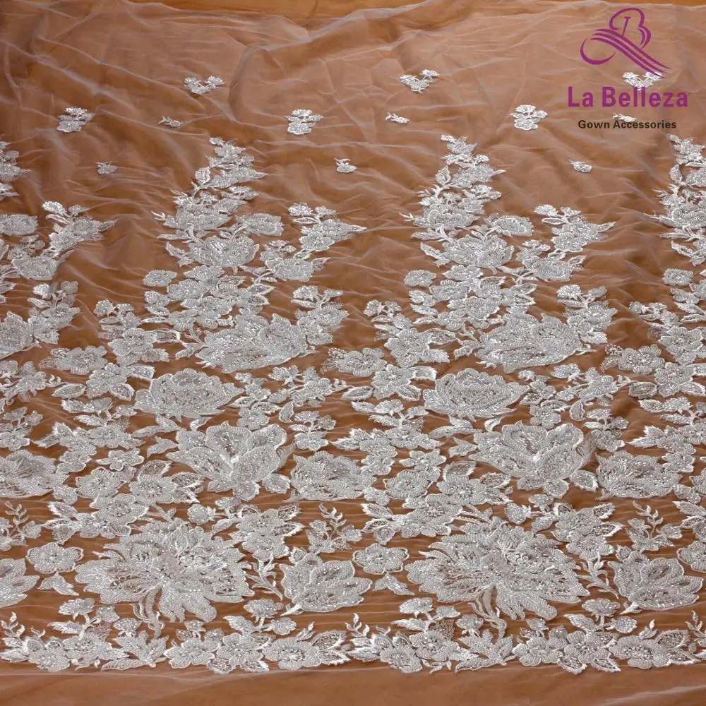 1 yard off white bridal fabric polyester beaded embroidery wedding dress lace flower fabric