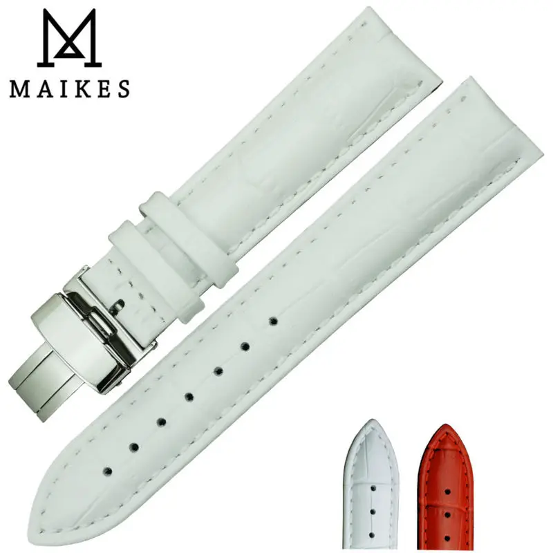 MAIKES Bule Genuine Leather Watch Band With Stainless Steel Folding Buckle 16mm 18mm 20mm Watch Strap