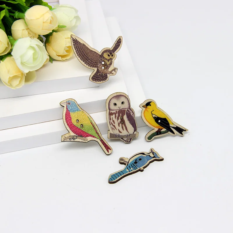 50Pcs  40*20mm Multicolor Cute Birds Botones Knopf 2 Holes Printing Wooden Buttons Scrapbooking Sewing Accessories