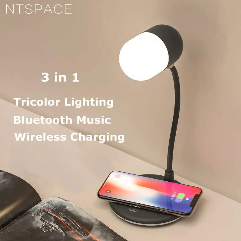 Table Desk Lamp LED Light Qi Wireless Charger Adapter for iPhone XS Max XR Desktop Wireless Charging Pad With Blue tooth Speaker