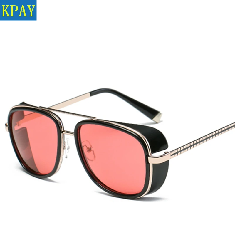 

2019 Steampunk tony stark Iron Man 3 Sunglasses Men Mirrored Designer Brand Women Glasses Vintage Red lens Sun glasses UV400