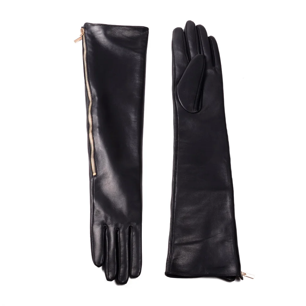 Novelty Female Winter Genuine Leather Side Golden Zipper 45CM Long Gloves For Women Mujer Evening Party Black Sleeve Thin Luvas