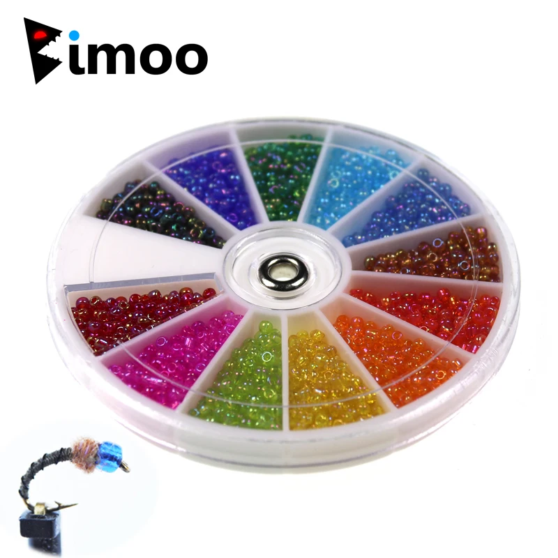 Bimoo 12 kolorów Dia. 2.3MM szkło holograficzne mikro Midge głowy koralik nimfa Fly koralik w skrzynka dozownika materiał muchowy