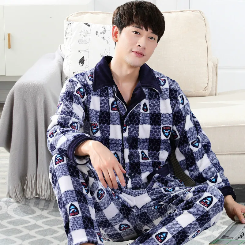 

Thickening Men's Coralline Velvet Pajamas Autumn Winter Long Sleeve Suits Flannel Household Clothes Warm Male Sleepwear H5626