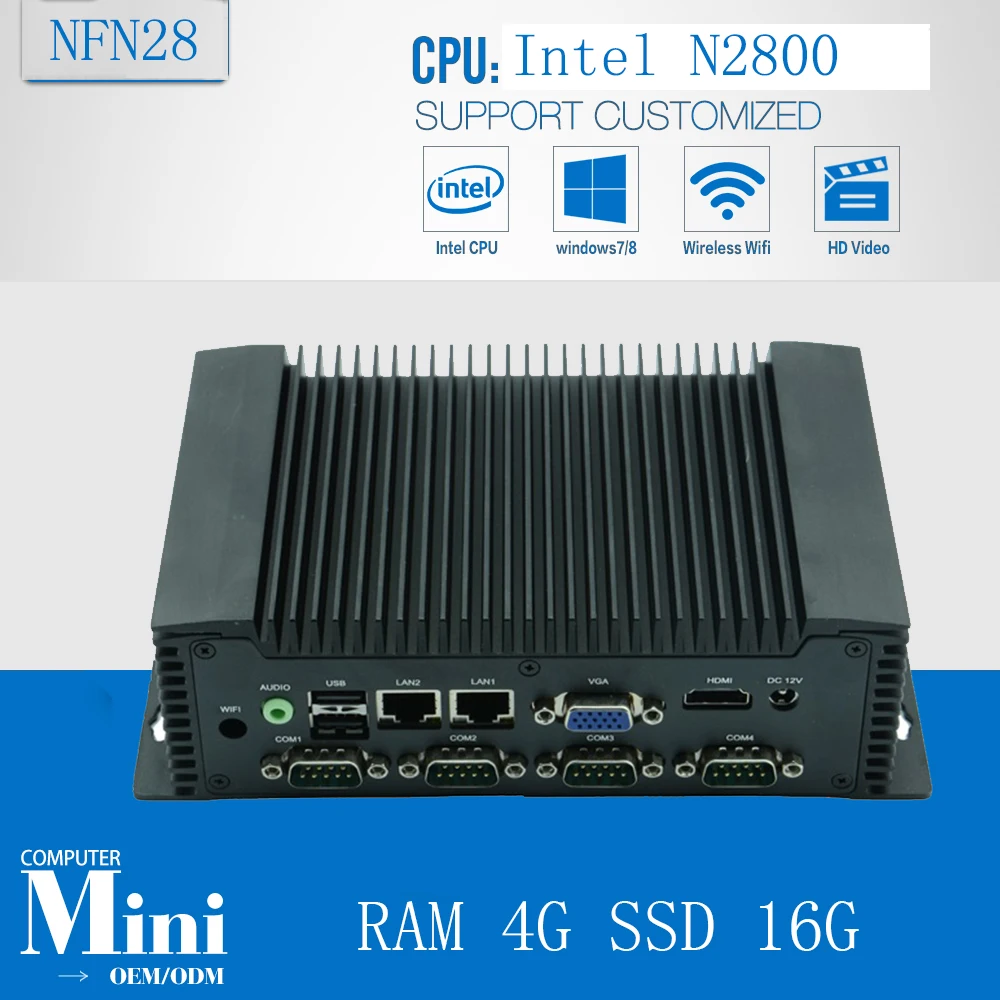 Computer industriale embedded x86 mini box pc con Atom N2800 1.86 GHz con RAM 4G SSD 16G