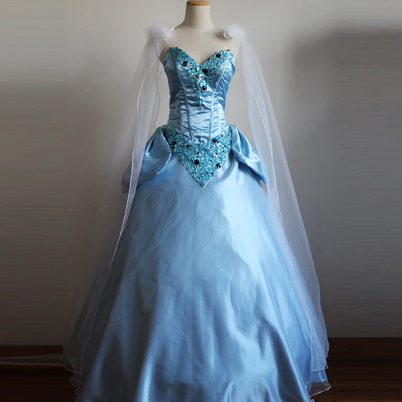 

Cartoon Cinderella Princess Cosplay Costume Long Blue Fairy Dress Women Adult Halloween Carnival Costume Masquerade Party Dress