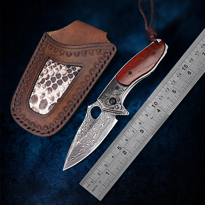 

Damascus steel Blade Pocket Knife Wooden handle Camping Knives Outdoor Survival EDC Tool Gentleman's Folding Knife Gifts