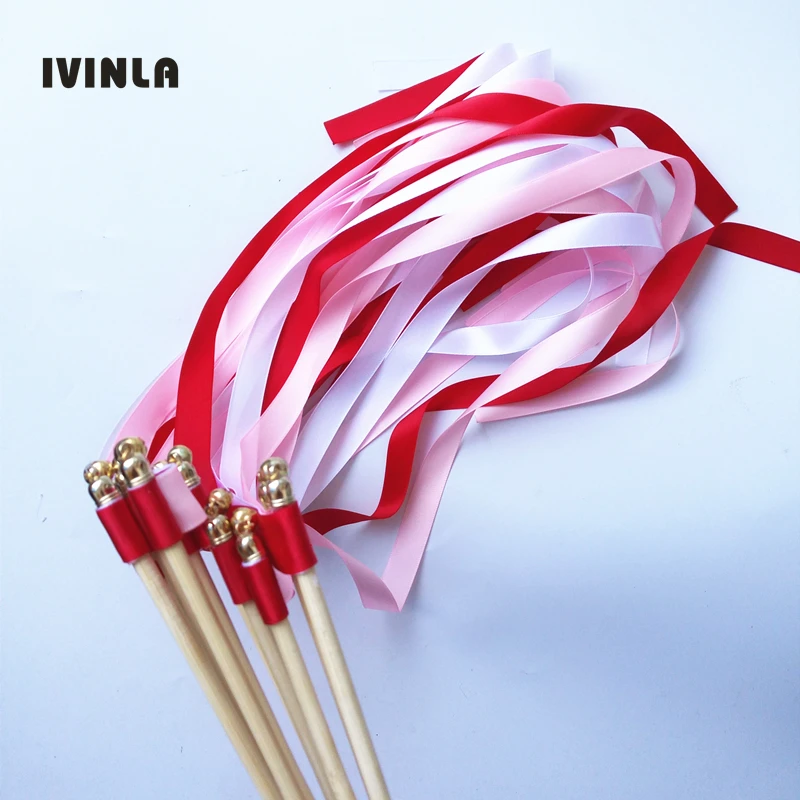 

Hot selling white pink red Wedding ribbon Wands stick Streamers with sliver Bells for wedding decoration