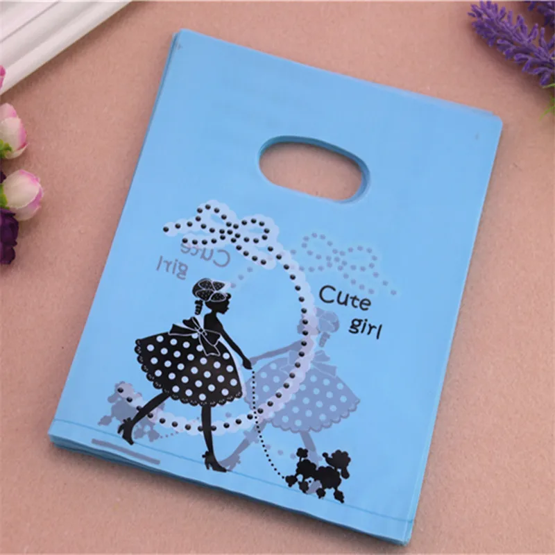 

New Design Wholesale 100pcs/lot 15*20cm Blue Gift Packaging Bags With Cute Girl Plastic Shopping Bags