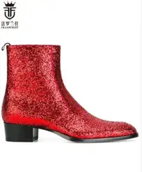 FR.LANCELOT 2020 fashion pointed toe men leather boots British style glitter men fashion boots zip mujer bota sequin red booties