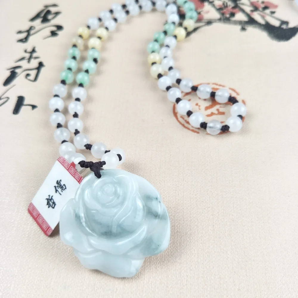 Zhe Ru Jewelry Pure Natural Jadeite Carved Light Green Peony Pendant Tricolor Ice Bottom Jade Bead Chain Send A Certificate