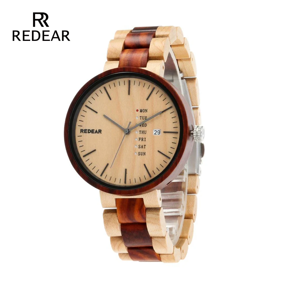 REDEAR Hot Sell Newest Wood Watch with Week Show Date Display Quartz Watches Two-tone Wooden Wristwatch Mens Watch Wedding Gifts