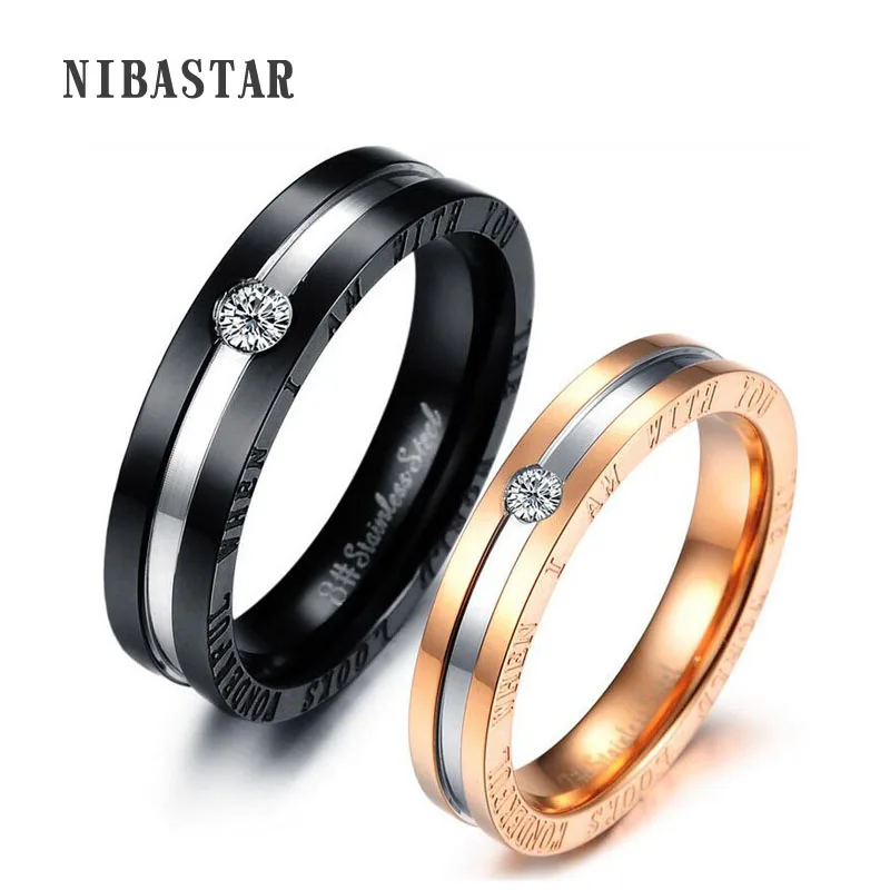 Gold /Black Color Stainless Steel Crystal Couple Ring And Write Romantic Words 