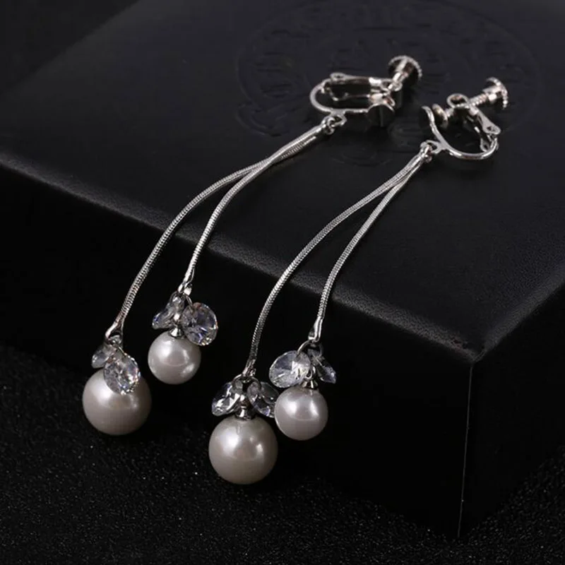 Grace Jun High-grade Pearls Cubic Zircon Long Tassel Clip on Earrings Without Piercing for Women Elegant Jewelry Ear Clip Bijoux