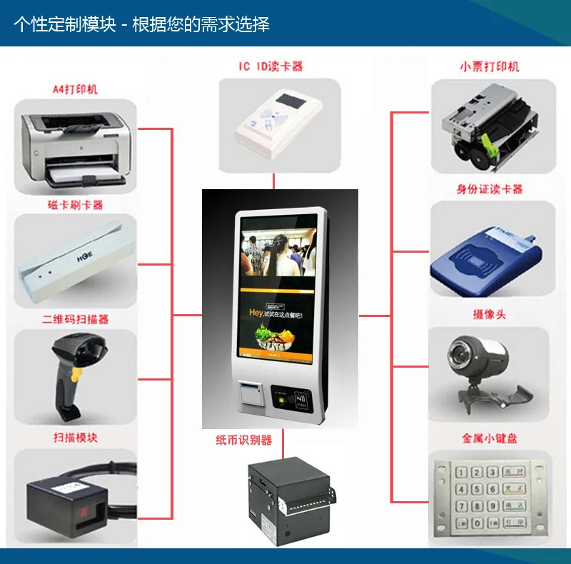 OEM Multiple Funtions Wireless Remote Control Restaurant Self Service Food Ordering touch interactive kiosk with printer