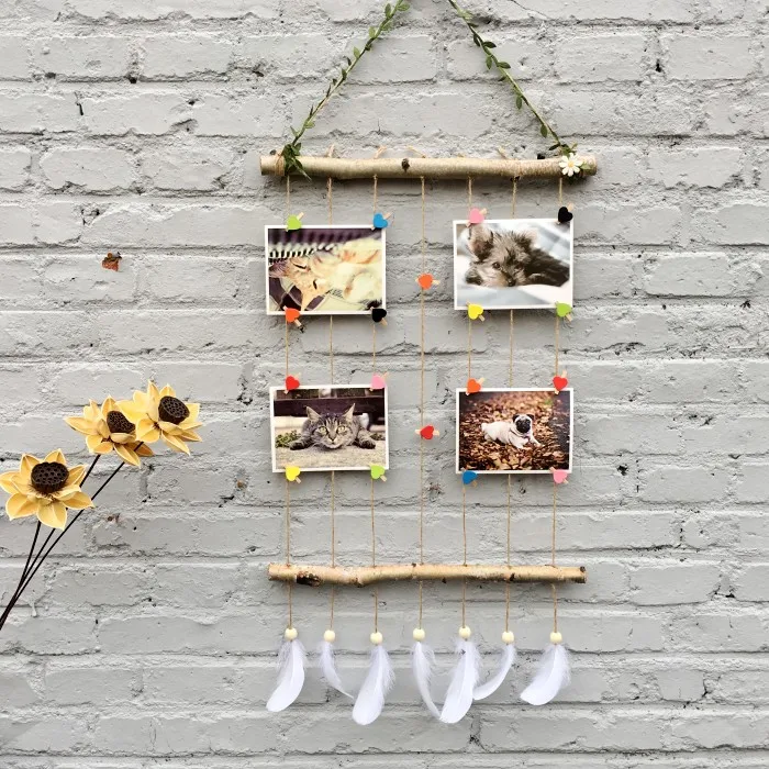 Macrame Wall Hanging Picture Frames Set Collage Photos Display With Wooden Stick And Rope Pictures Organizer With 7pcs Feathers