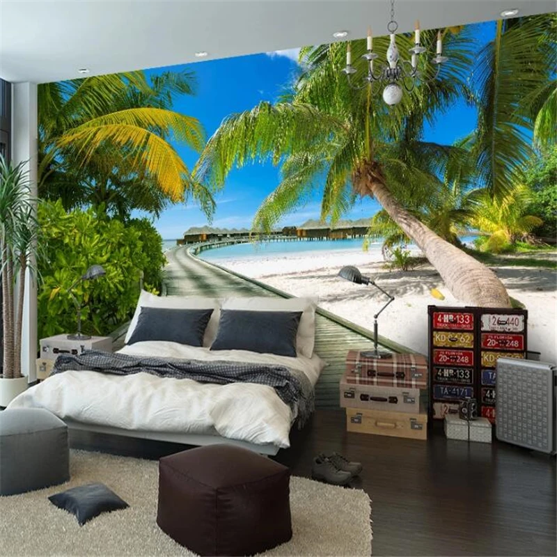 

Custom wallpaper 3d mural sea pontoon seascape landscape beach sofa background wall seascape promenade green road 3d wallpaper