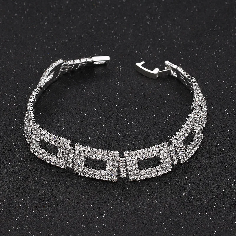 TREAZY Silver Color Rhinestone Crystal Bracelets For Women Charm Hollow Geometric Link Bracelets &Bangles Bridal Wedding Jewelry