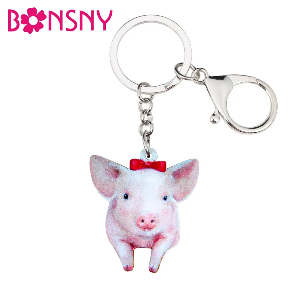 Bonsny Acrylic Anime Bowknot Pink Pig Piggy Key Chains Keychain Novelty Farm Animal Jewelry For Women Girls Handbag Car Charms