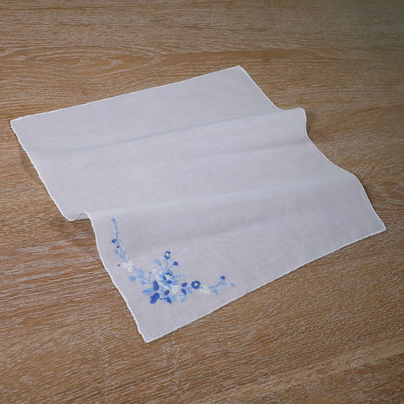 S005-B : Delicate 100% cotton Handmade Embroidered/ hand embroidery blue rose handkerchief