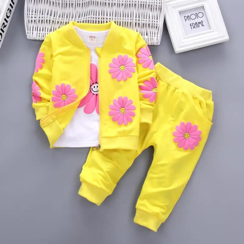 2024 Children\'s Spring Autumn Set  Girls Long Sleeve Fashion Printed Zipper Coat +T-shirt+Pants Set Three Piece Infant Set 0-4Y