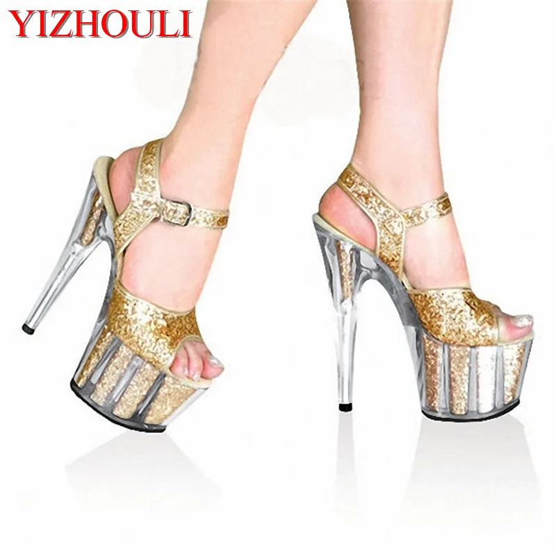 

Gold crystal sequined sandal 15cm high heel platform shoe, model banquet 6 inch crystal sandal