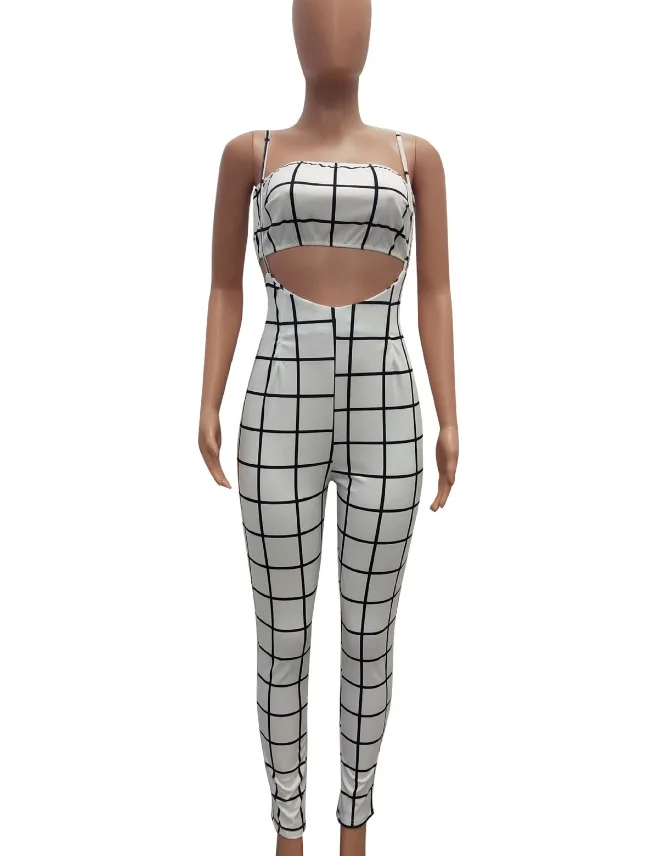 Hollow out Sexy jumpsuit Women sleeveless plaid black white two-piece suit summer playsuit rompers holiday bodycon overalls