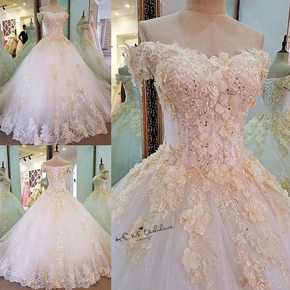 Champagne Hoa Nhĩ Kỳ Vintage Áo Cưới 2018 Phồng Bầu Cô Dâu Váy Đầm Vestido De Noiva Ren Plus Kích Thước Áo Cưới