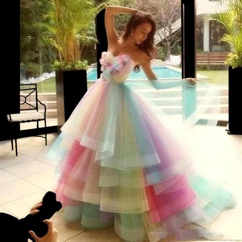 Robe De Soiree Regenboog Kleurrijke Prom Dresses 2020 Sweetheart Tiered Tulle Baljurk Prom Party Jurken Vestidos De Formatura