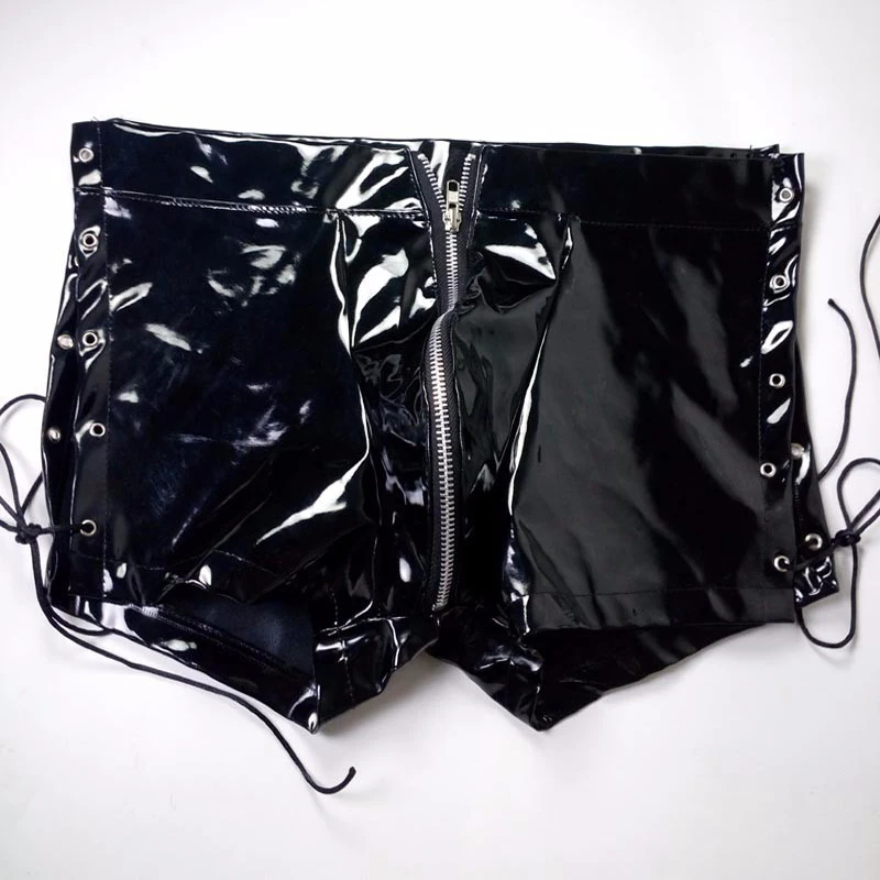 Wetlook Faux Leather Boxer Black Sex Gay Zipper Front Men Panties Sexy Hot Erotic Hollow Out Side Underwear Vinyl Boxer Shorts