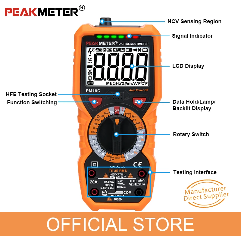 Official PEAKMETER Digital Multimeter PM18C with True RMS AC/DC Voltage  Resistance Capacitance Frequency Temperature NCV Tester
