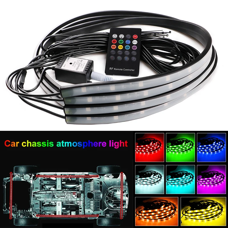 

4Pcs/set Car Chassis Atmosphere Strip Light Waterproof Soft Glow Underbody Flashing Lamp Car Decoration RGB Remote Control Light