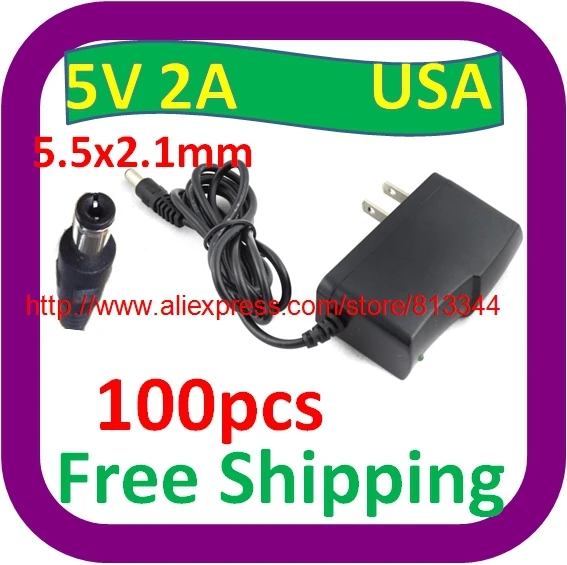 100 Pcs  100V-240V Converter Adapter DC 5V 2A / 2000mA Power Supply US Plug AC/DC 5.5 mm x 2.1mm/2.5