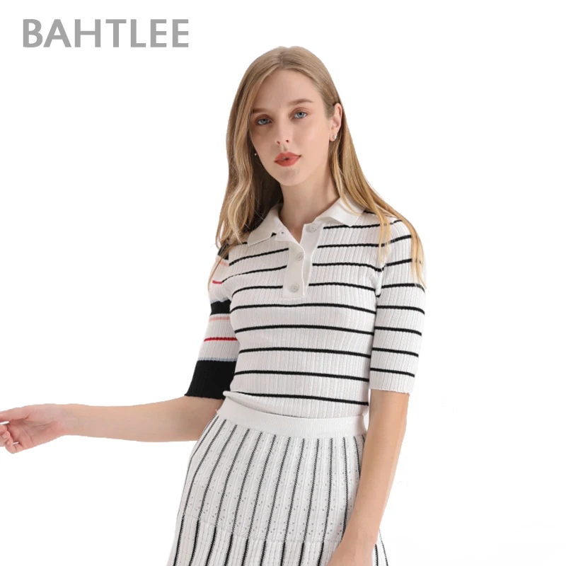 

BAHTLEE Summer Women T-Shirt Short Sleeves Ruffles Turn Down Collar Pullovers Jumper Computer Knitted Sweaters