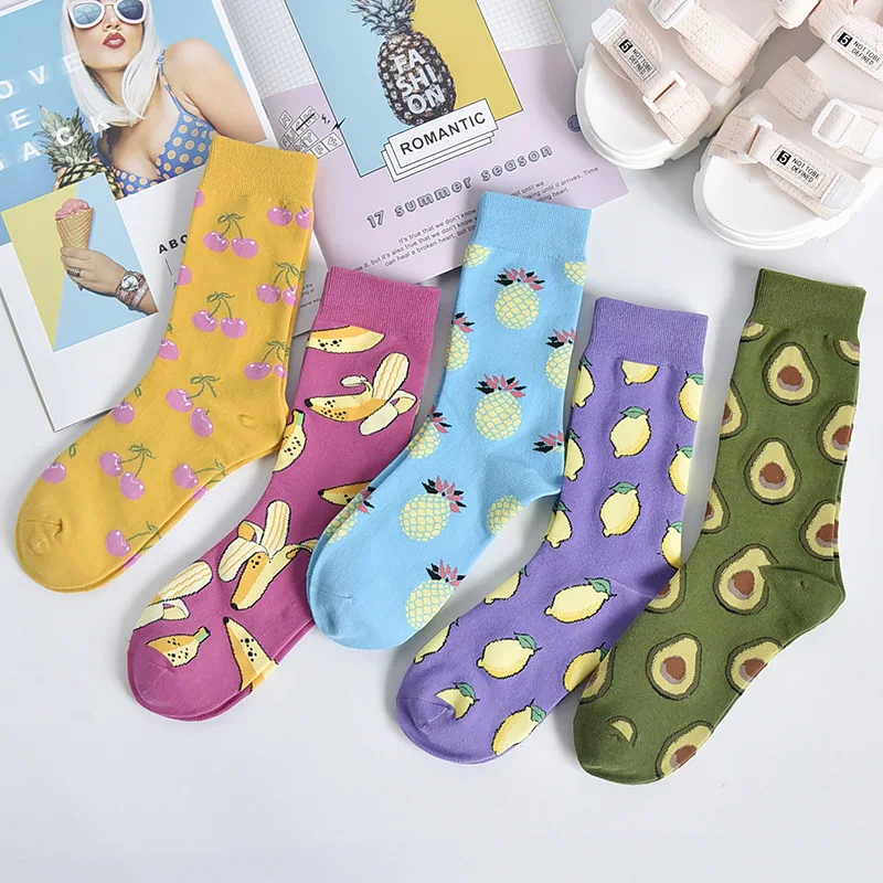 Women Socks Funny Cute Cartoon Fruits Banana lemon pineapple avocado Food Happy Japanese Harajuku skateboard Socks