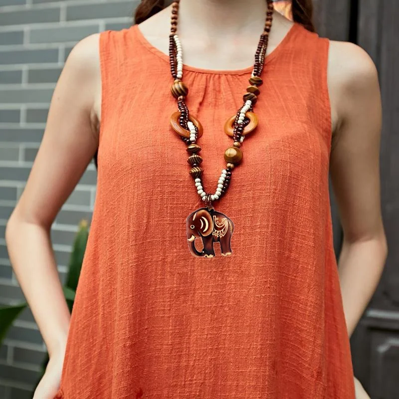 Women 1 PC Bohemia Necklace Jewelry Ethnic Style Long Hand Made Bead Wood Elephant Pendant Necklace Jewelry