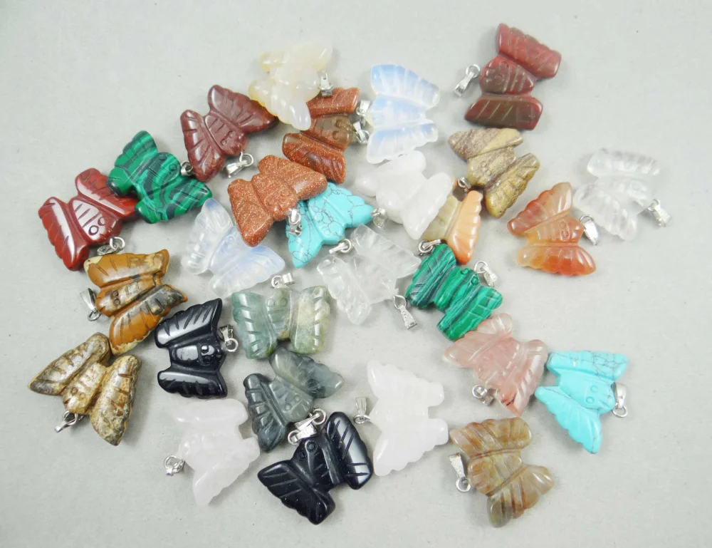 

Natural stone Turquoises Quartz crystal tiger eye Opal butterfly pendant for diy jewelry Making necklace Accessories 24Pcs