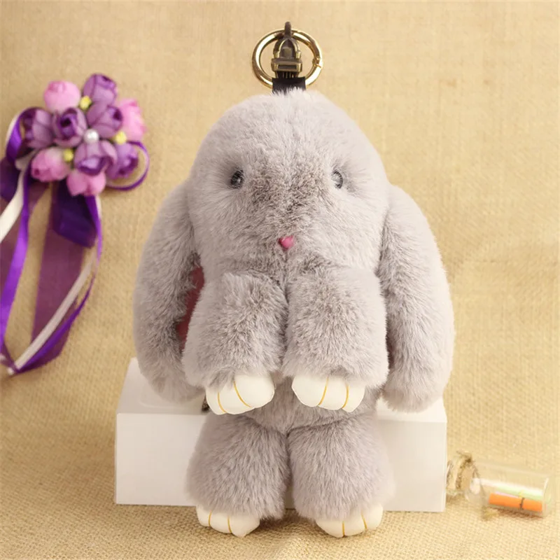 18cm Faux Rex Fur Rabbit Keychain Big Pompom Bunny Toys Keyring Trinket Hare Toy Car Key Ring Women Bag Charms Jewelry Doll Gift