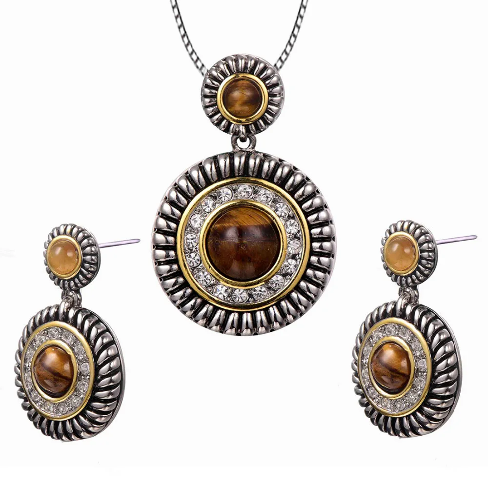 

Vintage Tiger Eye White Crystal Zircon Pendant&Earrings 925 Sterling Silver Popular Jewelry Set Pendant&Earrings TT689