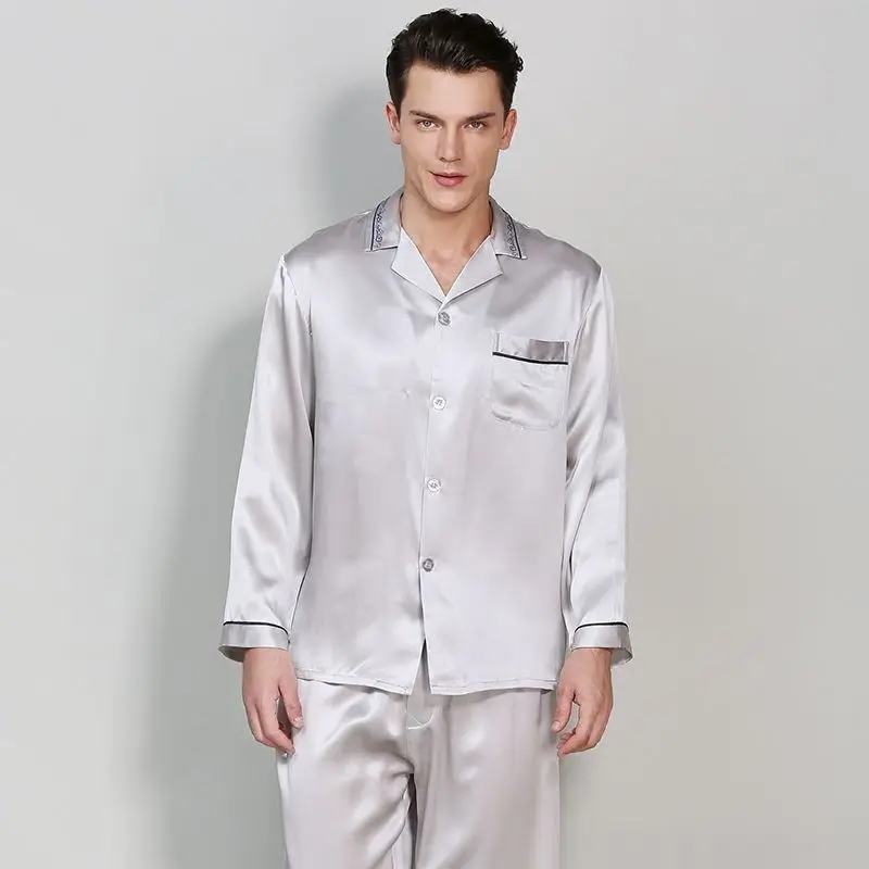 Pyjama en soie véritable pour homme, ensemble deux pièces à manches longues, vêtements de nuit décontractés, pour la maison, printemps-automne,