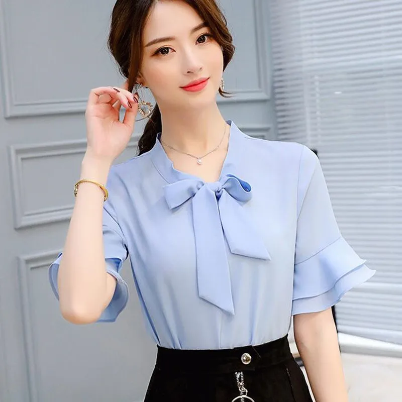 Neue Koreanische Chiffon-Blusen Büro Damen Frühling Sommer Reine Farbe Bowknot Casual Shirt Frauen Nehmen Kurzarm Freizeit Top H9106