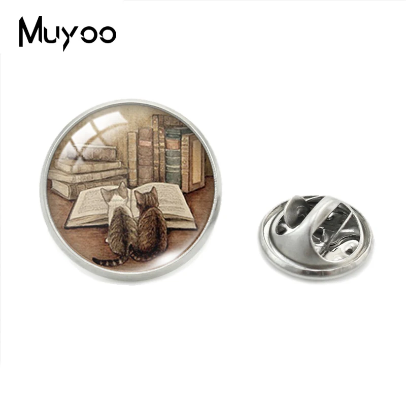 Antique Books Pattern Glass Cabochon Collar Pins Vintage Book and  Cats Lapel Pin Clothing Badge Pin Accessories